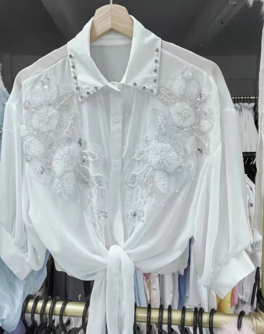 Women's Chiffon Embroidered Sunscreen Cardigan Blouse — Loose Crop Streetwear Shirt