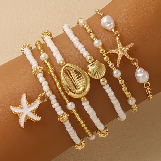 Ensemble de 6 Bracelets Bohèmes Étoile de Mer et Coquillage – Perles Empilables Faites à la Main