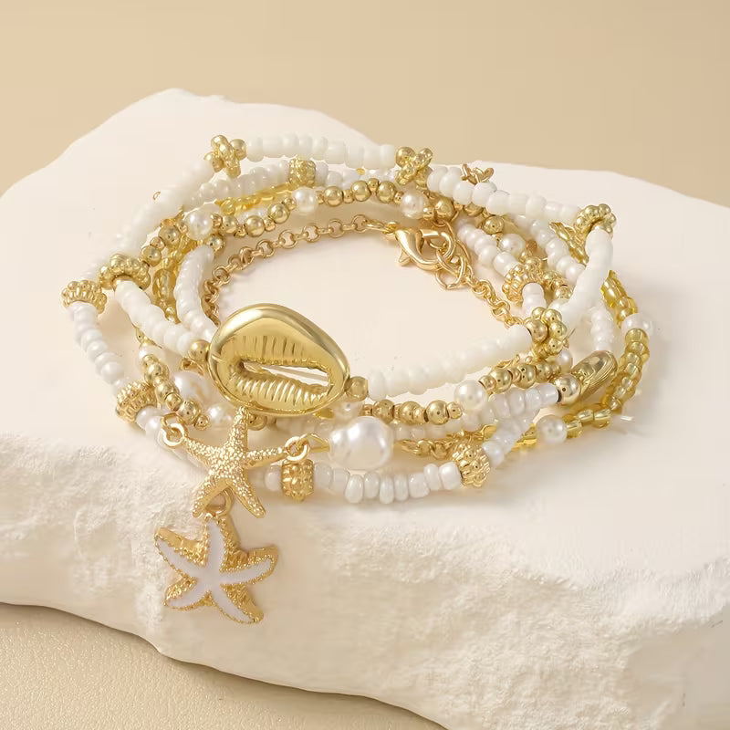 Ensemble de 6 Bracelets Bohèmes Étoile de Mer et Coquillage – Perles Empilables Faites à la Main