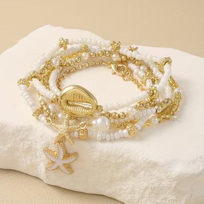 Ensemble de 6 Bracelets Bohèmes Étoile de Mer et Coquillage – Perles Empilables Faites à la Main