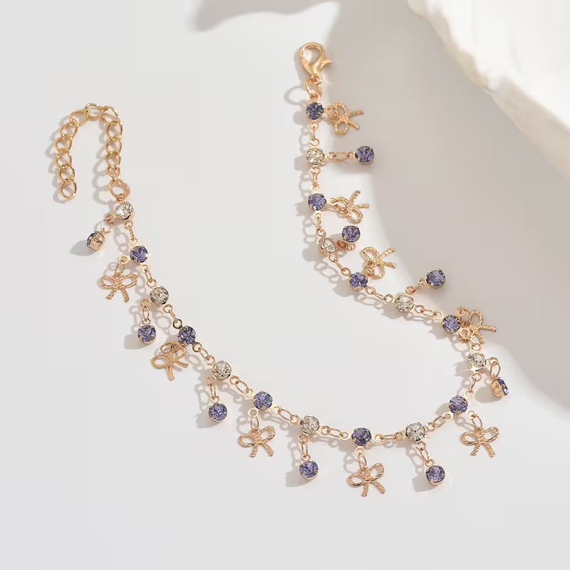 Cheville Bohème Dorée – Nœud Bleu et Pompon Franges