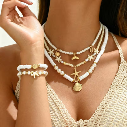 Ensemble Bohème 5 Pièces : 3 Colliers Perles + 2 Bracelets Élastiques Étoile de Mer