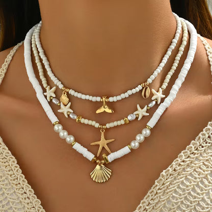 Ensemble Bohème 5 Pièces : 3 Colliers Perles + 2 Bracelets Élastiques Étoile de Mer