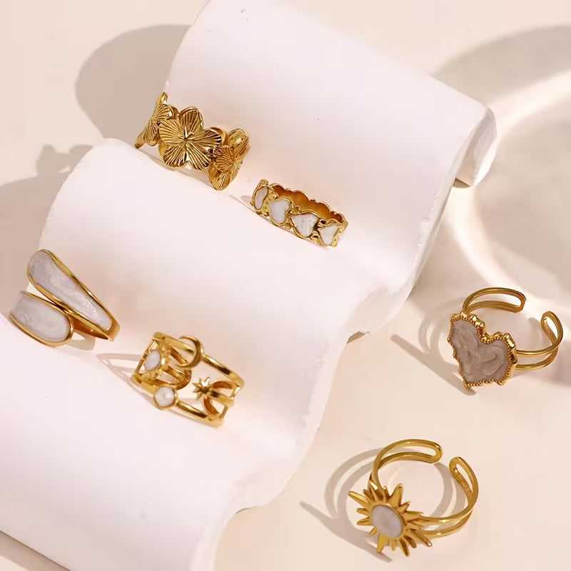 Ensemble de 6 Bagues Tendance – Designs Élégants Cœurs, Étoiles et Fleurs