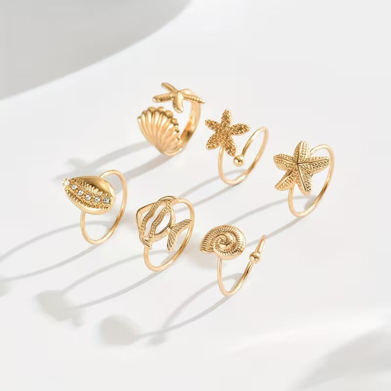 Bagues Marines Bohèmes - Ensemble de 6 Pièces Ajustables Été