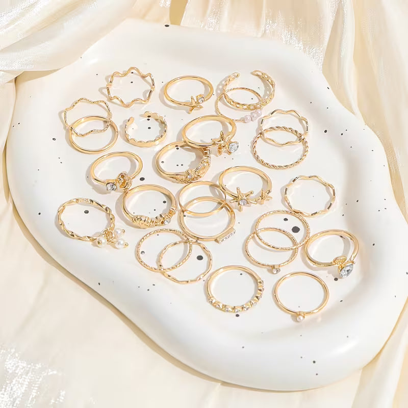Parure de 25 Bagues Bohème – Strass et Motifs Marins