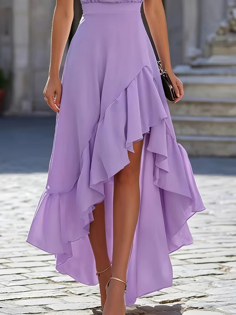 Robe élégante à volants et col licou, mode printemps-été