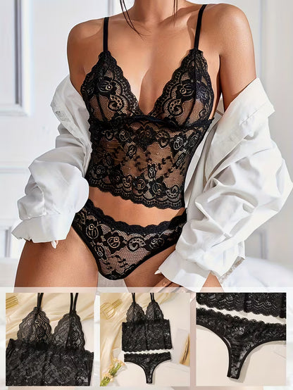 Ensemble de Lingerie Dentelle Noire – Soutien-gorge Push-up et Culotte Bikini