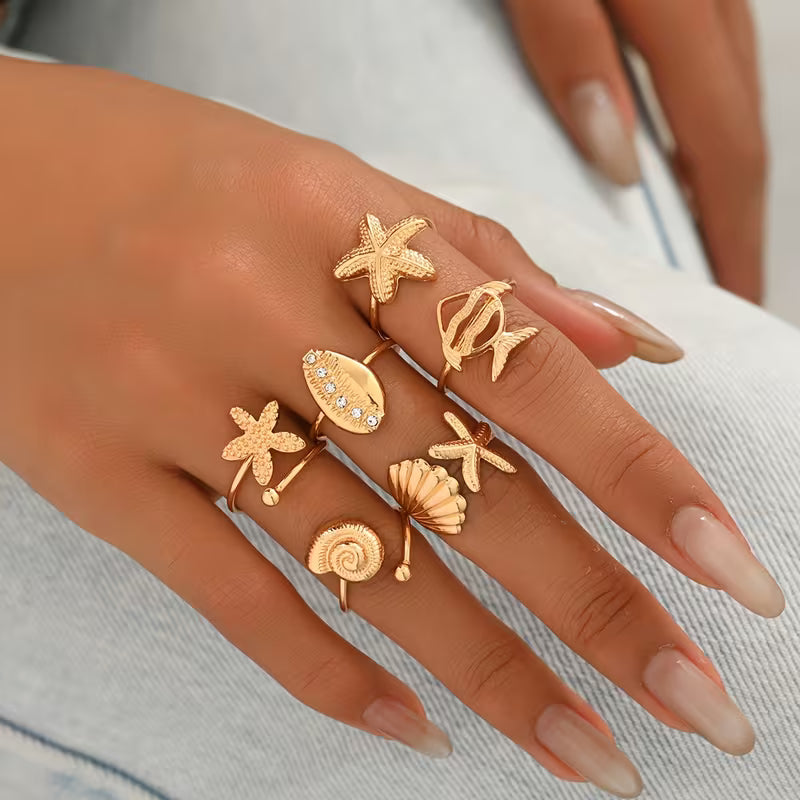 Bagues Marines Bohèmes - Ensemble de 6 Pièces Ajustables Été