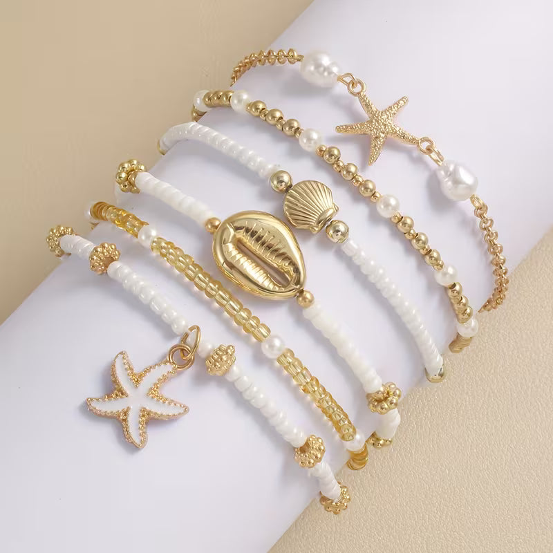 Ensemble de 6 Bracelets Bohèmes Étoile de Mer et Coquillage – Perles Empilables Faites à la Main