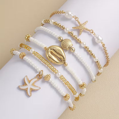 Ensemble de 6 Bracelets Bohèmes Étoile de Mer et Coquillage – Perles Empilables Faites à la Main