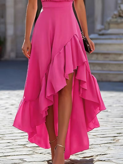 Robe élégante à volants et col licou, mode printemps-été