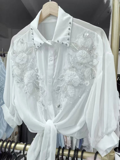 Women's Chiffon Embroidered Sunscreen Cardigan Blouse — Loose Crop Streetwear Shirt