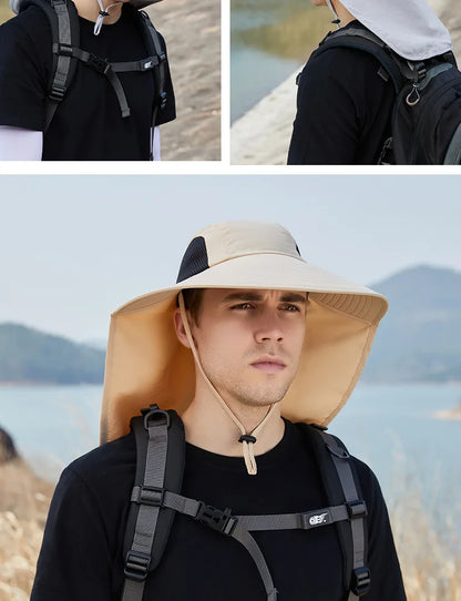 Breathable Wide Brim Fisherman Sun Hat — Outdoor Shawl Cap for Men & Women