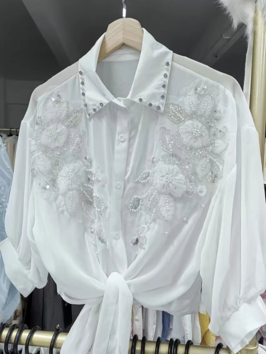 Women's Chiffon Embroidered Sunscreen Cardigan Blouse — Loose Crop Streetwear Shirt