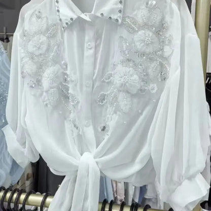 Women's Chiffon Embroidered Sunscreen Cardigan Blouse — Loose Crop Streetwear Shirt