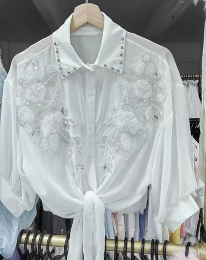 Women's Chiffon Embroidered Sunscreen Cardigan Blouse — Loose Crop Streetwear Shirt