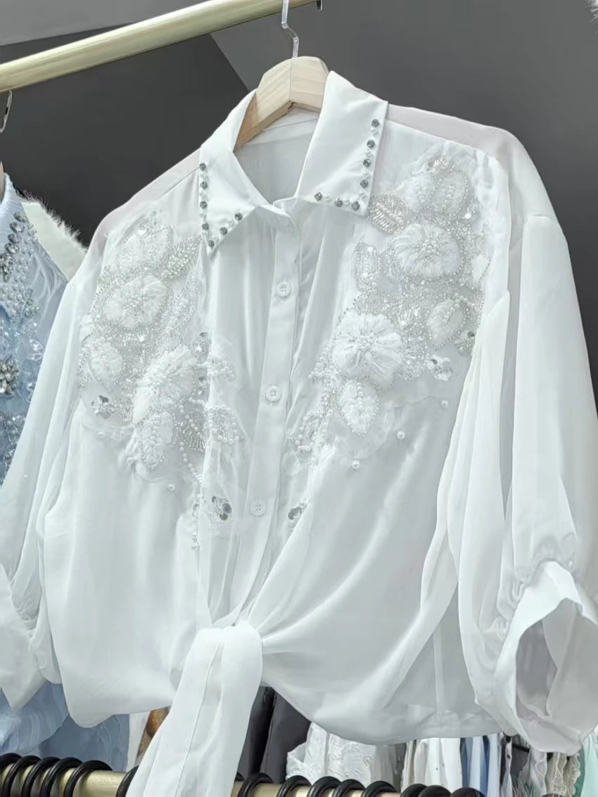 Women's Chiffon Embroidered Sunscreen Cardigan Blouse — Loose Crop Streetwear Shirt