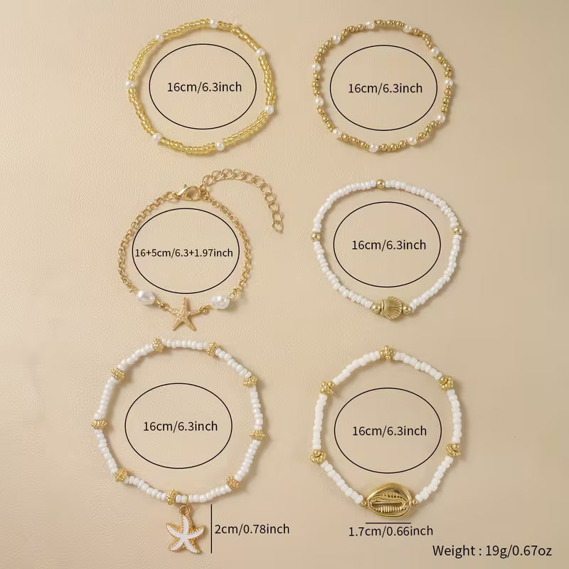 Ensemble de 6 Bracelets Bohèmes Étoile de Mer et Coquillage – Perles Empilables Faites à la Main