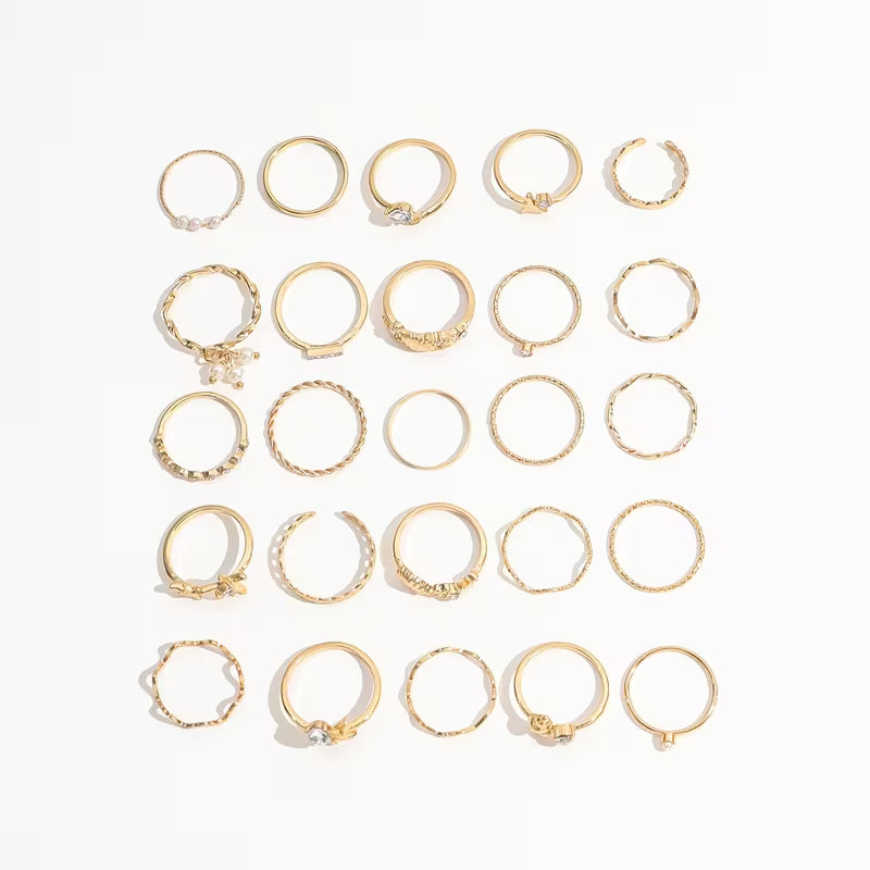Parure de 25 Bagues Bohème – Strass et Motifs Marins