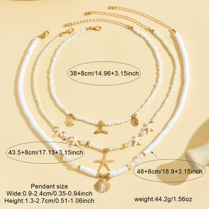Ensemble Bohème 5 Pièces : 3 Colliers Perles + 2 Bracelets Élastiques Étoile de Mer