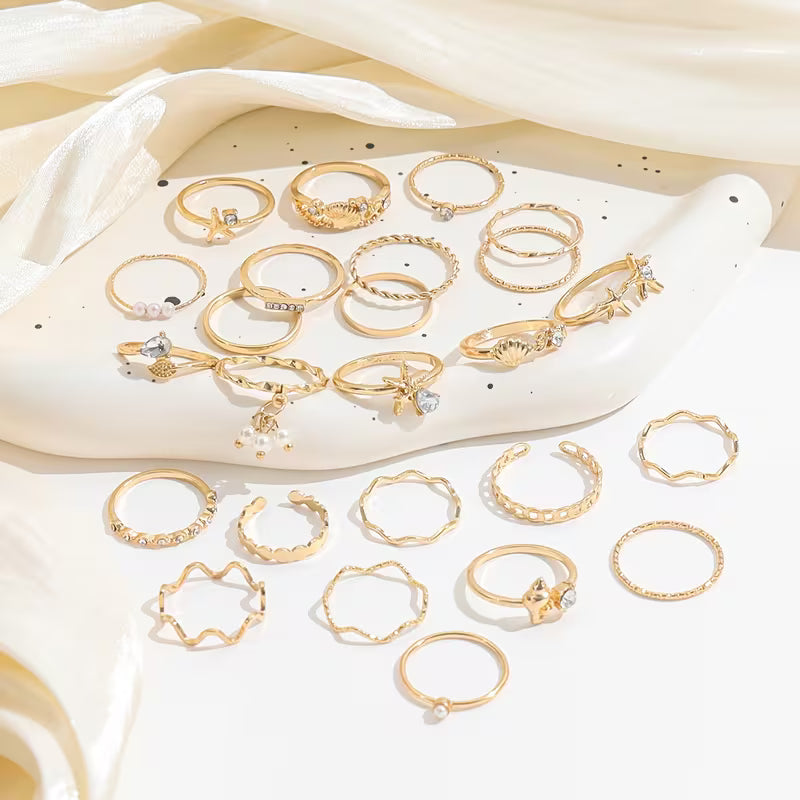 Parure de 25 Bagues Bohème – Strass et Motifs Marins