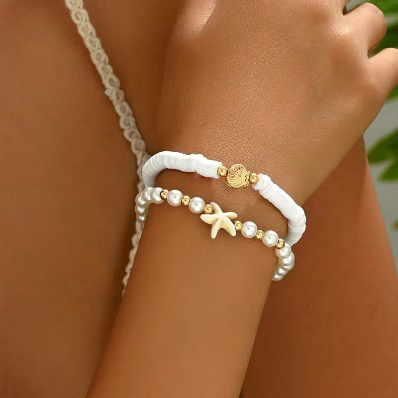 Ensemble Bohème 5 Pièces : 3 Colliers Perles + 2 Bracelets Élastiques Étoile de Mer